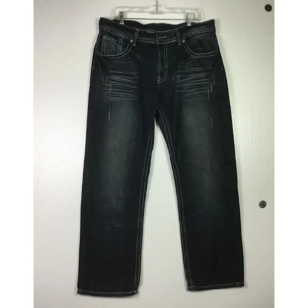 OTB Mens Jeans 38X32 Distressed embroidered StreetWear Blue denim cat whiskers - Picture 1 of 9